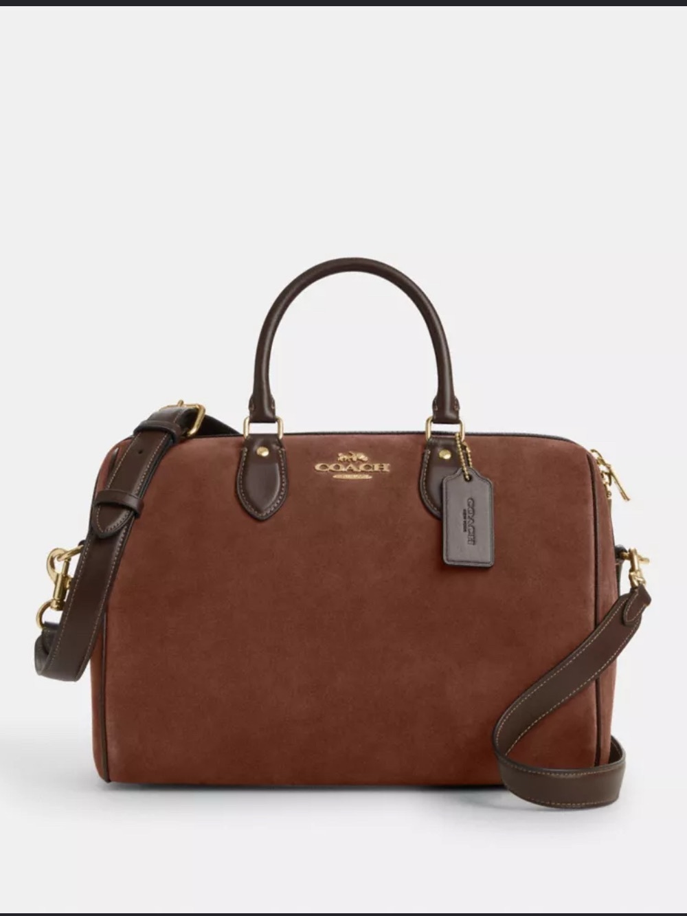 Coach Rowan Brown Suede Satchel with Dark Brown Leather Trim charms not included